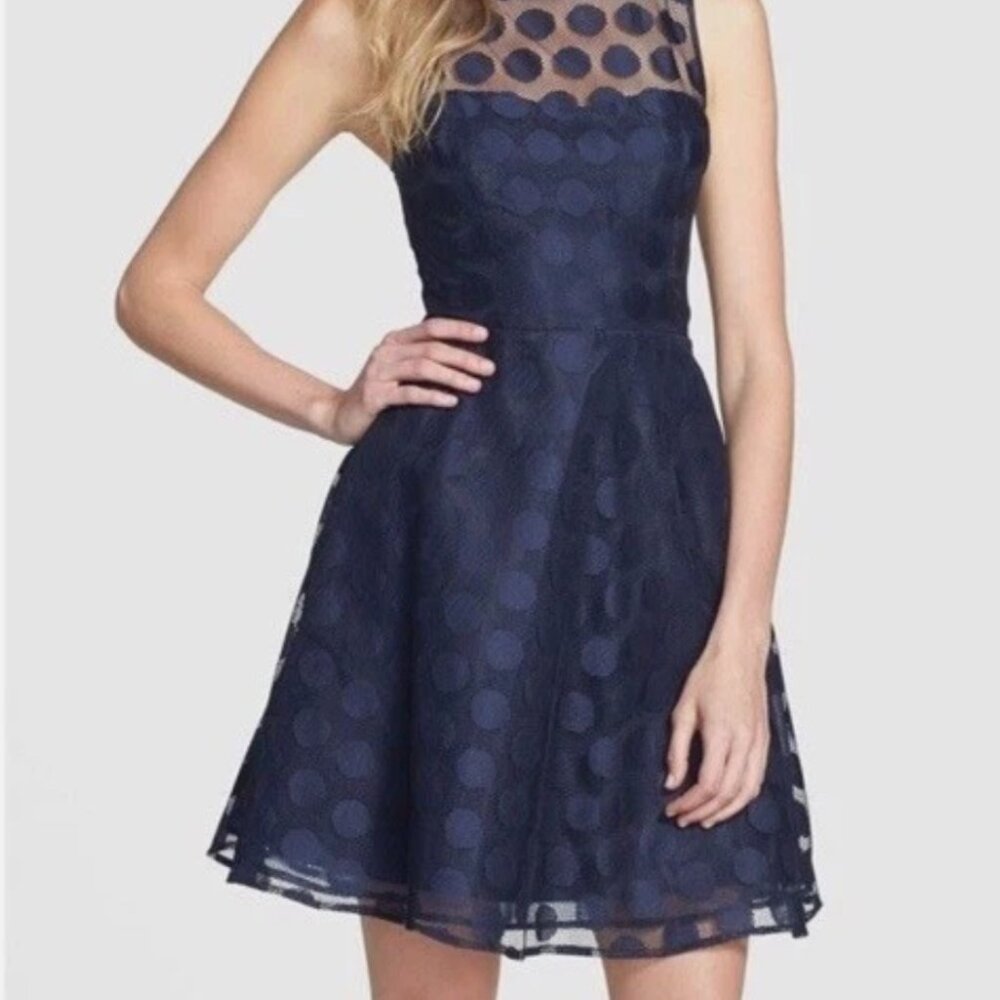 Betsey Johnson Navy Blue Polka Dot Mesh Overlay Party Cocktail Fit Flare Dress 8